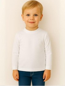 Resim Zekids Çocuk Pamuklu Basic Yarım Dik Yaka Uzun Kollu T-shirt-16086 Beyaz 