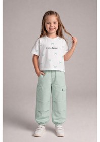Resim Aden Kids 10-13 Yaş Yeşil Renk Oversize Kız Çocuk Pamuk Keten Pantalonlu Alt Üst Takım Su Yeşili 