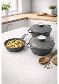 Resim Roma Serisi 5 Parça Mini Döküm Tencere Seti Antrasit Alüminyum 