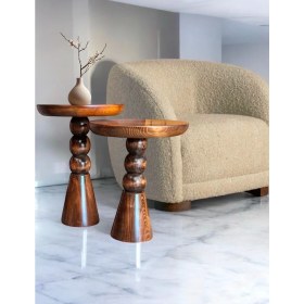 Resim Aselya Home Doğal Ahşap 2'li Set Mantar Yan Sehpa Modern Ceviz Renk Fiskos Zigon Çiçeklik 