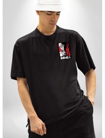 Resim Anime Manga Style Attack On Titan Siyah Oversize Unisex Ön Sol Yan Minimal Baskılı Tişört Koyu Siyah 