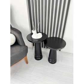 Resim Ahşap 2'li Set Mantar Yan Sehpa Modern Siyah Renk Fiskos Zigon Çiçeklik 