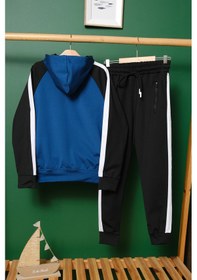 Resim Unisex Şerit Detaylı Kapüşonlu Çocuk Eşofman Takımı Saks 