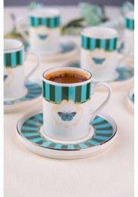 Resim Tabak Evi Porselen Butterfly Collection Altın Yaldızlı Kahve Fincanı 85cc Yeşil 6 Lı Çok Renkli 