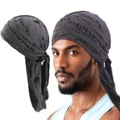 Resim Erkekler için Vintage Yıpranmış Korsan Bandana Şapka - Siyah Retro Başörtüsü, Rap Sanatçıları için Nefes Alabilir Hafif Kumaş, Günlük Sokak Giyimi & Dış Aktiviteler, Şık Saç Örgüsü, Klasik Eşarp Sarma 