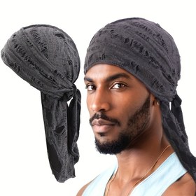 Resim Erkekler için Vintage Yıpranmış Korsan Bandana Şapka - Siyah Retro Başörtüsü, Rap Sanatçıları için Nefes Alabilir Hafif Kumaş, Günlük Sokak Giyimi & Dış Aktiviteler, Şık Saç Örgüsü, Klasik Eşarp Sarma 