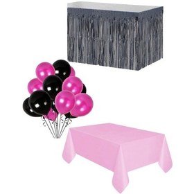 Resim Pembe Masa Örtüsü Siyah Masa Eteği 20 Adet Siyah Pembe Balon Set 