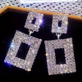 Resim Lüks Geometrik Kare Sallanan Küpeler, Rhinestone Kaplama, Çinko Alaşım, Paslanmaz Çelik Pimli, Tüy Yok, Günlük Giyim İçin Çok Yönlü 