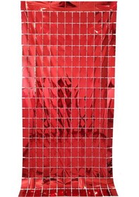 Resim Metalize Arka Fon Kırmızı Pötikare Kapı Perdesi 100x200 Cm 