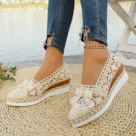 Resim Bej Çiçekli Başlıklı PU İki Tonlu Halat Hafif Tabanlı Moda Günlük Sivri Burun Kadın Loaferları 