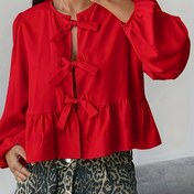Resim Y2K ilhamlı büyük beden kırmızı bluz, büyük kurdele detaylı - uzun balon kollu, volanlı hem, polyester, kadın moda üstü, tüm mevsimler için çok yönlü, bayan bluz 