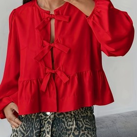Resim Y2K ilhamlı büyük beden kırmızı bluz, büyük kurdele detaylı - uzun balon kollu, volanlı hem, polyester, kadın moda üstü, tüm mevsimler için çok yönlü, bayan bluz 