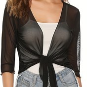Resim Solid Tie Front Mesh Top, Bahar ve Yaz için Çok Yönlü 3/4 Kollu Üst, Kadın Giyim 