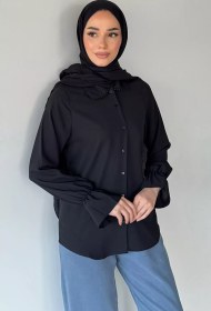 Resim Bilekleri Lastikli Fistolu Tesettür Gömlek Siyah TZL-P-00021311 