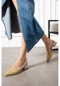 Resim Shoetek Layn Kadın Topuklu Ayakkabı Arkadan Bantlı Kalın Topuklu Hasır Bej Bej 