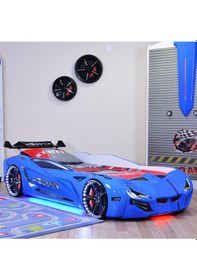 Resim Arabalı Yatak, Mercedes Rüzgarlıklı Full Ledli Arabalı Yatak - Mavi + 1 Adet Comfort Yatak 