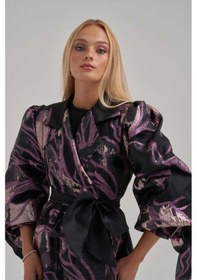 Resim Crystalia Işıltılı Gece Moru Kol Fiyonk Detaylı Uzun Ceket Çok Renkli 