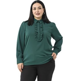 Resim Büyük Beden Önü Fırfır Detaylı Gömlek Yaka Manşetli Zümrüt Yeşili Gömlek Zümrüt 