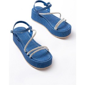 Resim 861-1017 Mavi Kot Taşlı Dolgu Topuklu Kadın Sandalet Altın - Taba 