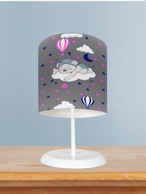 Resim Mekta Home Bebek Ve Çocuk Odası Bulut Üzerinde Uyuyan Sevimli Ayı Desenli Gri Abajur 