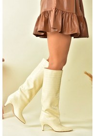 Resim Fox Shoes Bej Kroko Baskı Alçak Topuklu Kadın Çizme N749204011 Bej 