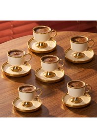 Resim Porsima A-513 Doris 6 Kişilik Porselen Altın Yaldızlı Fincan Seti 12 Parça Türk Kahvesi Fincanı Takımı-90ml Beyaz - Altın 