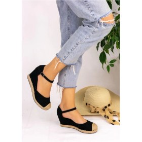 Resim Star Tombis Bayan Burnu Hasırlı Keten Siyah Espadril Dolgu Topuk 