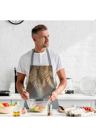 Resim Kahverengi Palmiye Yaprak Detaylı Mutfak Önlüğü Keten, Uluslararası Yıkama Ve Solmama Sertifikası Çok Renkli 