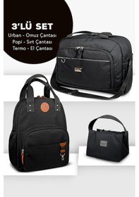Resim Stylo 3'lü Set Anne Bebek Bakım Sırt Çantası - Urban Anne Bebek Omuz Çantası ve Termos Çanta Siyah 