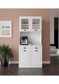 Resim Guneystore Luna 2 Kapaklı Kahve Köşesi 93 Cm Mdf, Led Aydınlatmalı, Çok Amaçlı Mutfak Ve Airfryer Dolabı Beyaz 