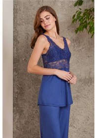 Resim Pierre Cardin Dantelli Sabahlıklı Penye Pijama Takımı Lacivert 001 