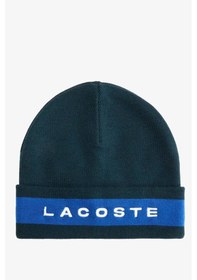 Resim Lacoste Renk Bloklu %100 Yün Erkek Bere Koyu Yeşil Mavi Beyaz Yeşil 