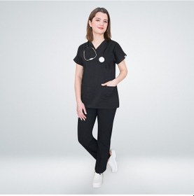 Resim Siyah Soft Saten Likra Alt Üst Doktor Hemşire Hastane Cerrahi Med 