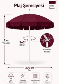 Resim Düvenci Bordo Plaj Şemsiyesi 200 cm çap /10 telli, Polyester Kumaş 