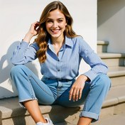 Resim Kadınlar İçin Şık Çizgili Düğmeli Gömlek - Şık Uzun Kollu, Hafif Polyester Karışımı, Çok Yönlü Mavi Beyaz Çizgili, İlkbahar/Yaz İçin İdeal 