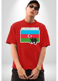 Resim Azerbeycan Bayrak Ülke Pamuklu Bisiklet Yaka Unisex Oversize Boyfriend Dijital Baskılı Kırmızı T-shirt Kırmızı 