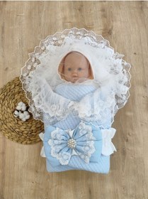 Resim Triko Örg Haki Bebek Kundağı Unisex Bebek Dış Kundak Battaniyesi Hastane Çıkışı Kundak Battaniye Mavi 
