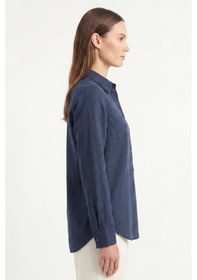 Resim Goffra Kadın Solo %100 Doğal Keten Gömlek -- Klasik Yaka Basic Minimalist Tasarım Lacivert W208-k0401-03 