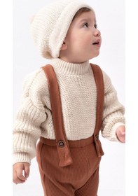 Resim Triko Kazak Oversize Esnek Salopet Bereli Unisex Bebek Takım Kahverengi 