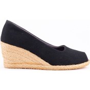 Resim Burnu Açık Dolgu Topuk Siyah Bayan Keten Hasır Ayakkabı Siyah 