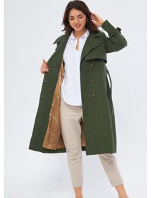 Resim Pastelastore %100 Pamuk Gabardin Uzun 110cm Astarlı Kemerli Kadın Trençkot 1111 Koyu Haki 