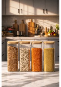 Resim Porsima 7-4 Bambu Vakumlu Kapaklı Kare Borsilikat Cam 4lü Kavanoz Seti Saklama Kabı 1900ml 9,5x27cm 