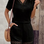 Resim 1 set Kadınlar için Rahat V Yaka Polyester Karışımı Dantel Yama Outfit, Düz Renk Tüm Mevsimler Kısa Kollu Üst ve Şort Seti 
