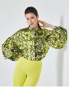 Resim Serpil Exclusive Kadın Leopar Desenli Gömlek - Balon Kol - Saten - Modern Ve Şık Tasarım - Günlük Ve Özel Gün Kullanımı İçin Gömlek Sarı 