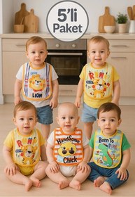 Resim Babydonat Little Explorer 5'li Bebek Önlük Seti - Sıvı Geçirmez, Pamuklu, Hayvan Figürlü Eğlenceli Mama Önlüğü 