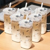 Resim KAPLAN, 6 Parça Kare Cam Bardak Seti - Kapaklı Taşınabilir İçecek Bardakları ve Kahve Kupaları, Kupa Kapakları/Pipetleri Dahil, Koleksiyoncular için Mükemmel Hediye, Ofis, Ev, Okul ve Açık Hava Kullanımı için İdeal - Noel, Cadılar Bayramı, Tatil Hediyeleri 