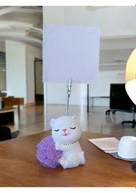 Resim Lila Yumak Tutan Oturan Kawaii Kedi Temalı Not Tutacağı Fotoğraf Tutacak Tutucu Ofis Seti Hediyelik Lila 