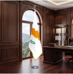 Resim Kıbrıs Cumhuriyeti Direkli - Altın Saçaklı Saten Makam Bayrağı Seti Krom Direk Diğer 