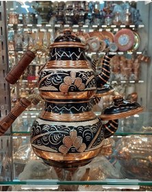 Resim Bakır Çaydanlık El Işlemesi Çiçek Desenli Siyah Renk İşlemeli 