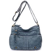 Resim Neevoyu Denim Mavi Pu Materyal Çift Bölmeli Büyük Kapasiteli Çapraz Çanta, Askıklı Kullanıma Uygun, Parça Ve Su Bardak Bölmeleriyle Retro Stili 